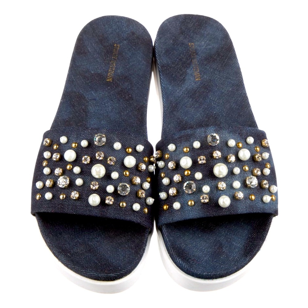 Stuart Weitzman Embellished Denim Slides
